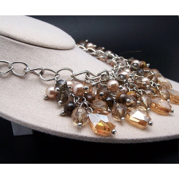 EL Erica Lyons Brown Faceted Glass Beads Necklace Faux Pearls Silver Tone Adjust - Picture 3 of 6